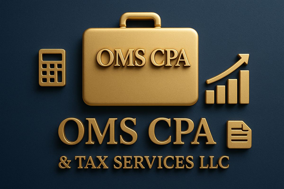 Gold 3D OMS CPA briefcase with calculator and growth chart